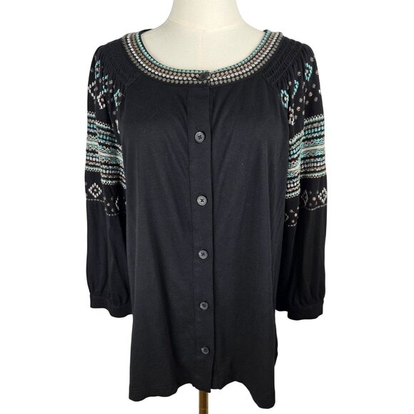J. Jill Top Shirt Medium Embroidered Black Button-Front Top 3/4 Sleeve Boho - Picture 2 of 8